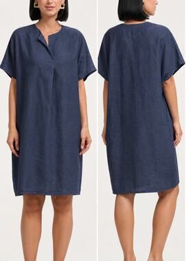 By The Sea Island of the Gods Padar 100% Linen Tunic Kaftan Dress Navy One Size